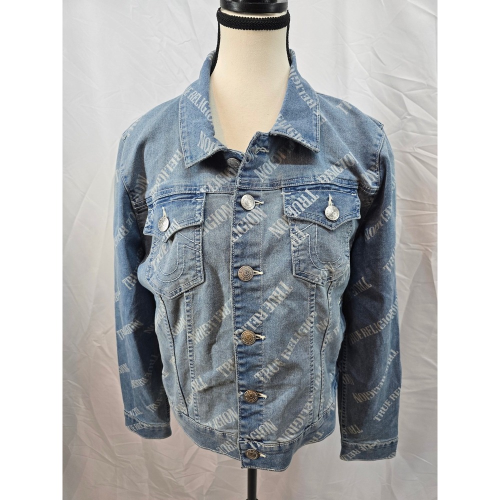 True Religion Womens‎ Denim Jean Jacket All Over Logo Print Blue Size L